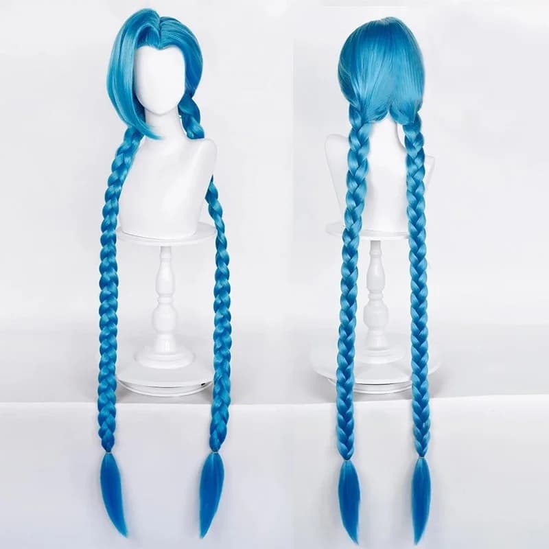 Hochwertige LOL Jinx Cosplay Perücke 120 cm blau geflochtene die lose Kanonenperücke Jinx hitzebeständige Kunsthaarperücken + Perückenkappe
