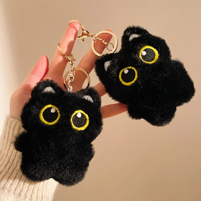 Niedlicher Mini-Schlüsselanhänger mit schwarzer Katze, Cartoon-Plüsch-Kätzchen-Puppenanhänger mit Perlenkette, kuscheliges schwarzes Kätzchen