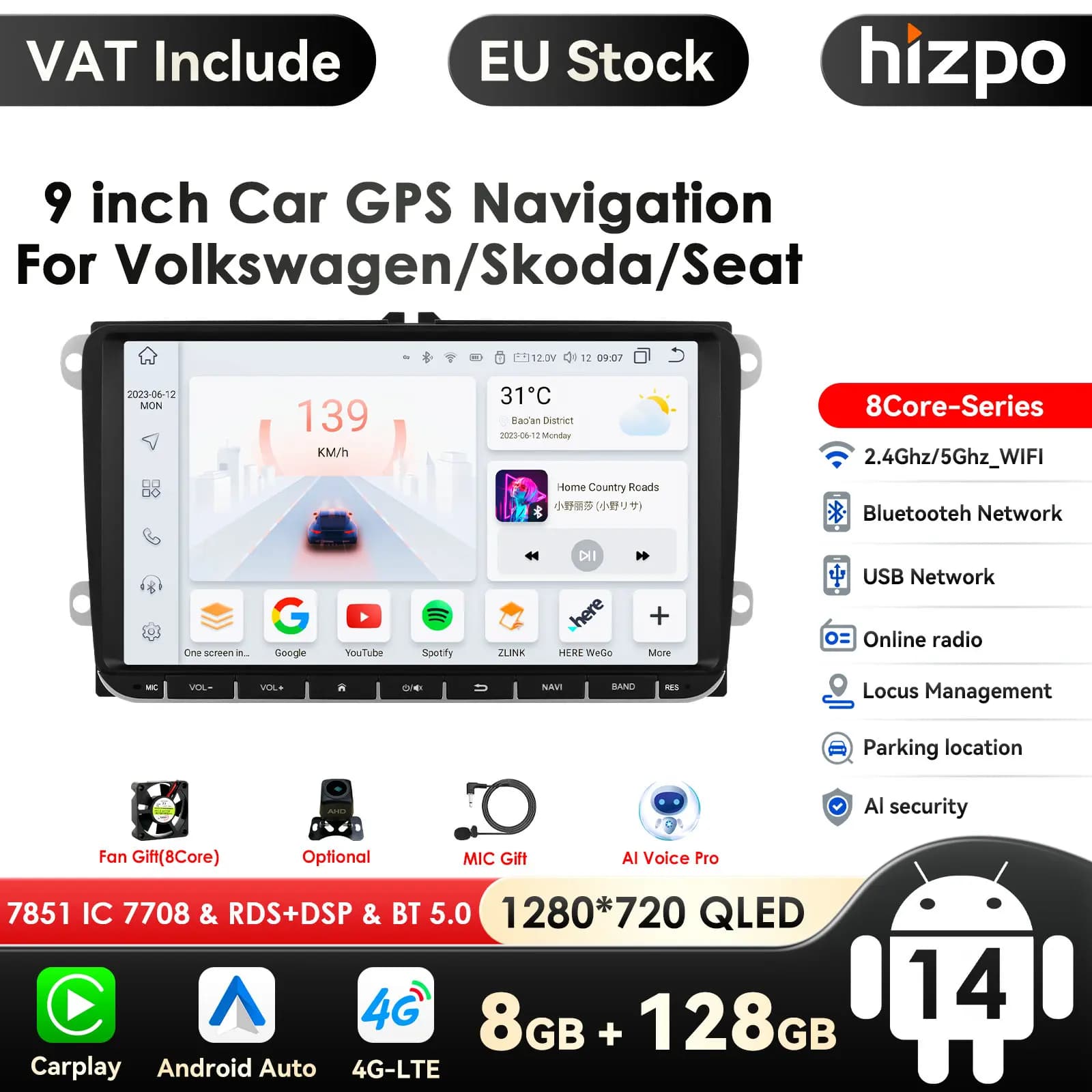 4G Android 14 2 Din Autoradio GPS Multimedia Player für VW/Volkswagen/Golf/Passat/b7/b6/Skoda/Seat/Octavia/Polo/Tiguan Autoradio