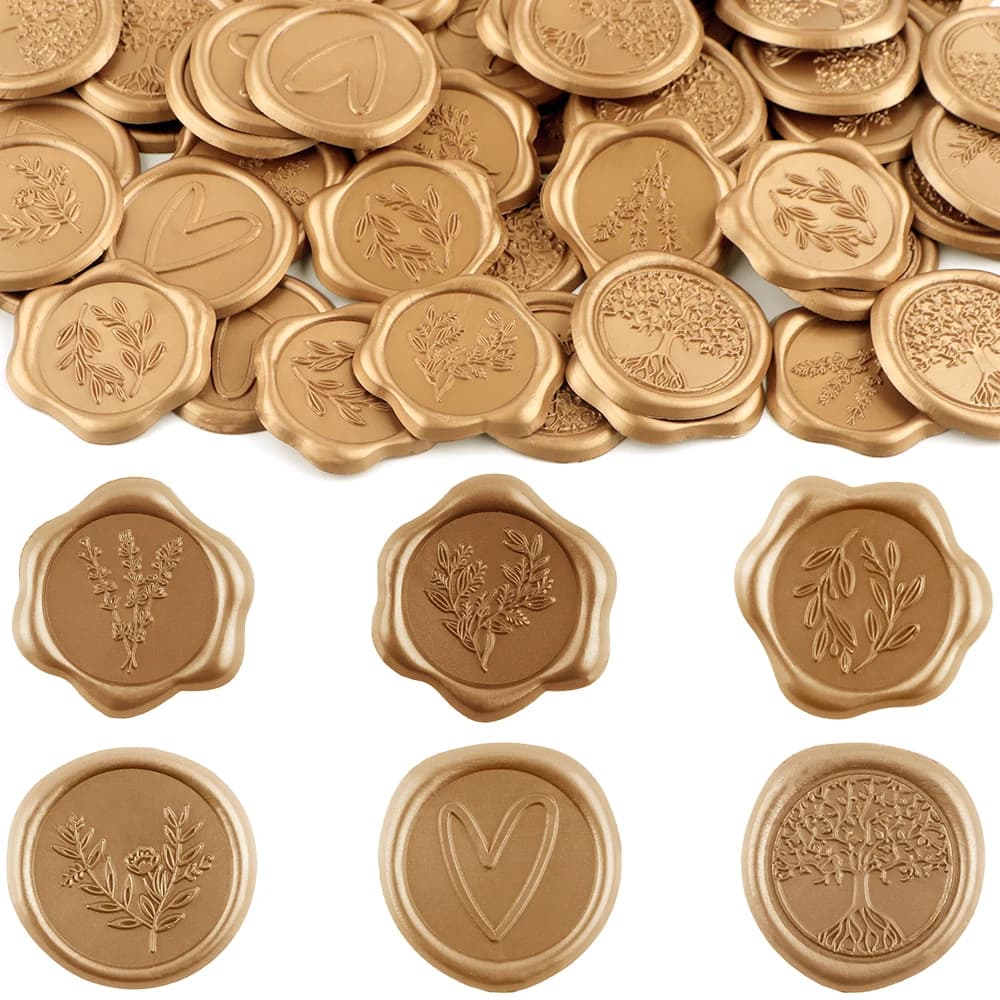60–120 Stück Wachssiegel-Aufkleber mit Olivenzweig, blühender Zweig, Baum des Lebens, selbstklebende goldene Aufkleber für Umschlaghochzeit