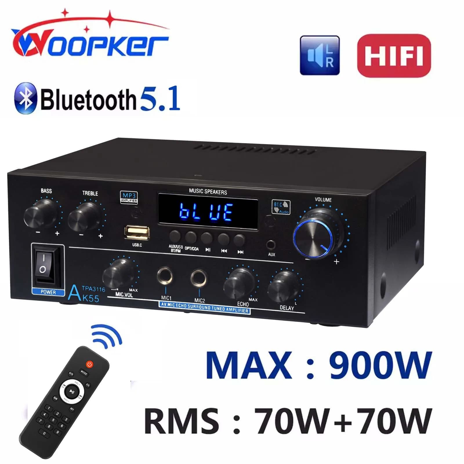 Woopker Audio-Verstärker AK55 MAX 900W 2.0-Kanal HIFI Digitaler Bluetooth-Verstärker Unterstützt Dual-Mikrofoneingang RMS70W+70W