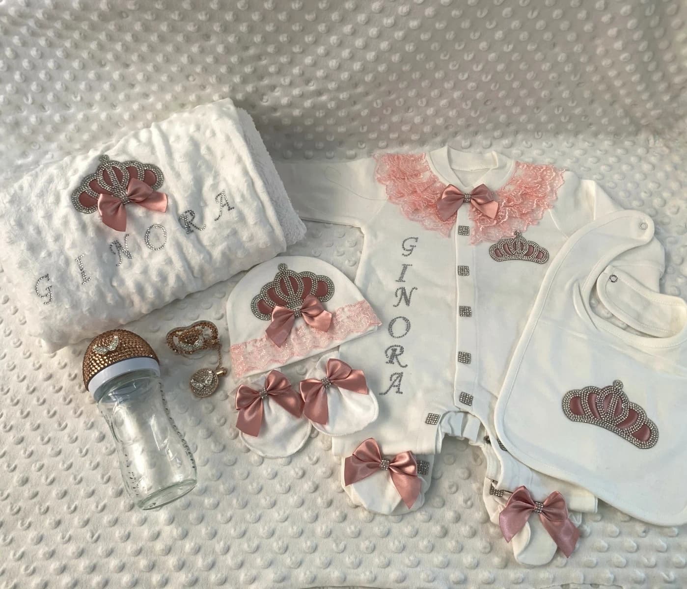 Baby Mädchen Junge Prinzessin Prinz Krankenhaus-Entlassung Neugeborenen Bling Outfits Babyflaschen Geschenkset Babyparty Geschenk 5-teiliges Set mit