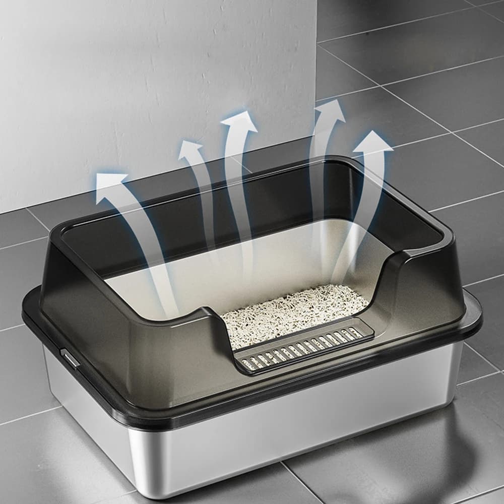 Katzentoilette aus Edelstahl mit Deckel und Schaufel für Big Cat XL, Katzentoilette aus Metall mit hohem Wandseitengehäuse, nicht klebend