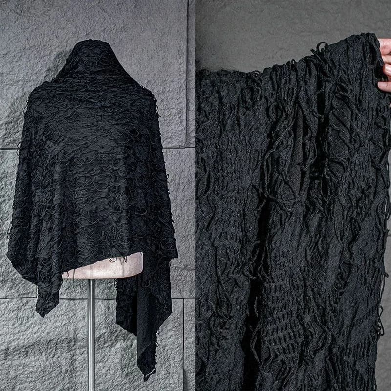 Zerreißender, zerrissener schwarzer Jacquard, handgefertigt, schwere strukturierte Baumwolle, recreierendes elastisches T-Shirt, Kapuzenpullover,
