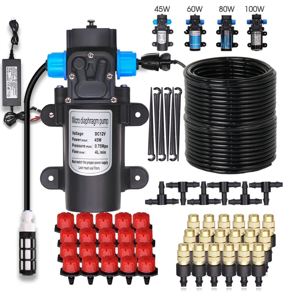 45/60/80/100 W Selbstansaugende Druckwasserpumpe Tropfbewässerungssystem Gartengewächshaus Automatisches Beschlagen Kühlbewässerungsset