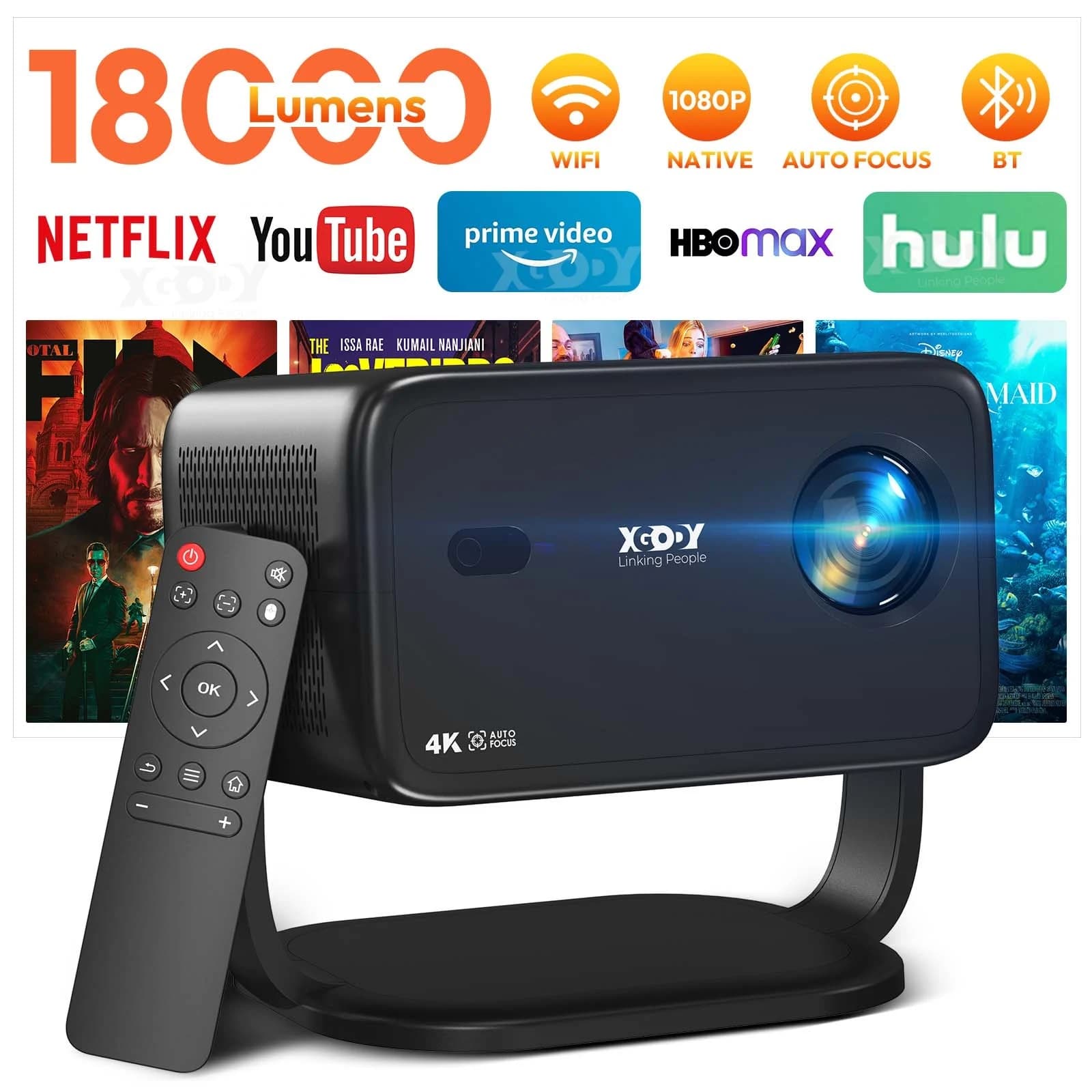 XGODY 4K-Projektor Native 1080P AUTO Focus WiFi6 18000 Lumen Android Beamer HD Heimkino Kino für Zuhause