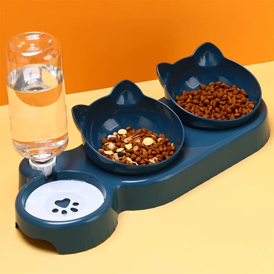 Haustiersc halen mit Wasserzufuhr, 3-in-1-Ohr-Design, gekipptes Katzen wasser und Futtern apf mit Schwerkraft wasser flasche zum Nackenschutz