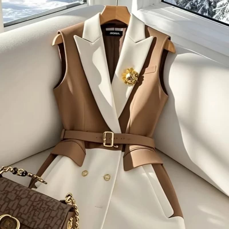 Frankreich Mode Büro Dame Kaffee Blazer Weste Sommer Koreanische Ärmellose Jacken mit Gürtel Frauen Temperament Formale Slim Fit