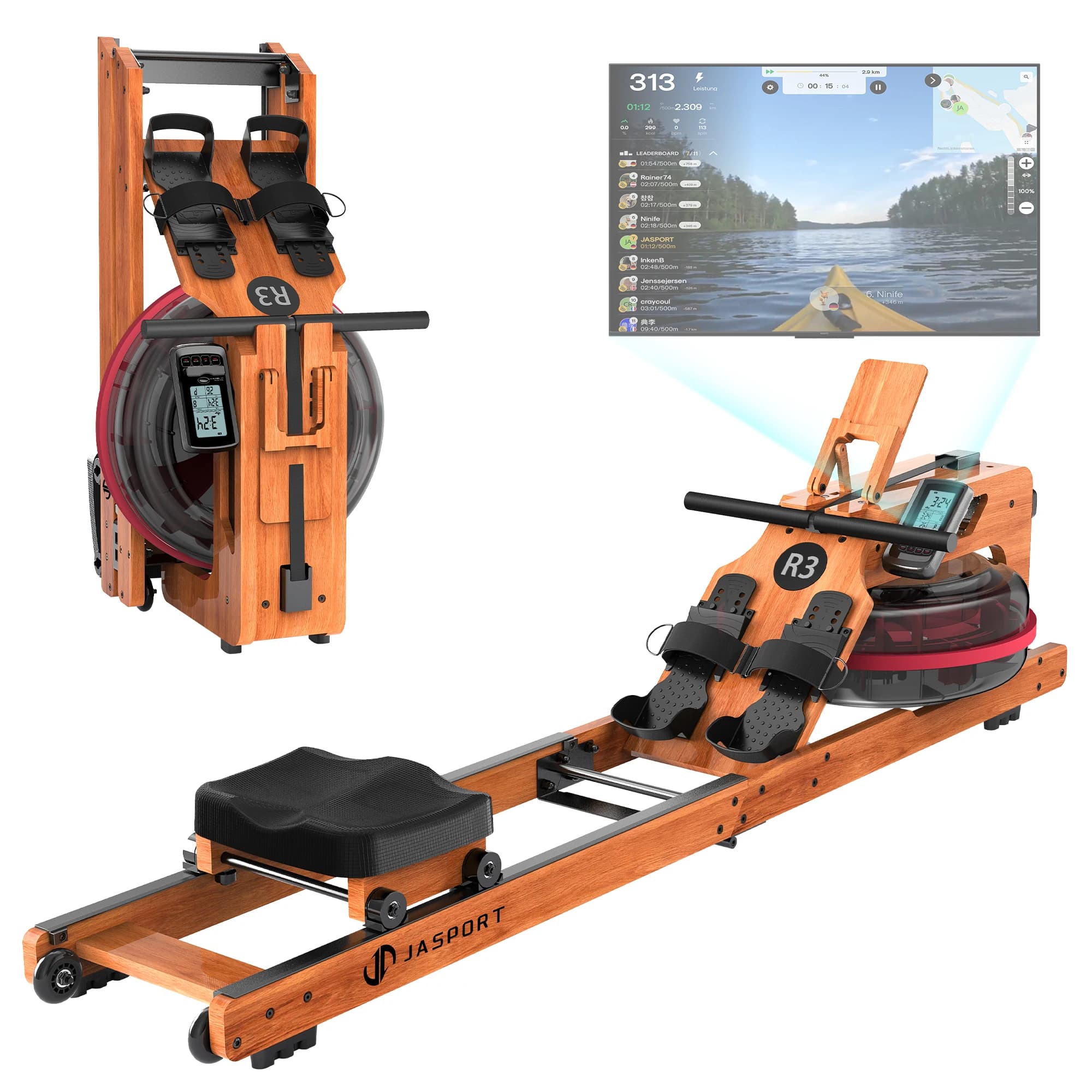 JASPORT R3 Holz-Rudergerät, klappbar, LCD-Anzeige, Kinomap-kompatibel, max. 150 kg Belastbarkeit-cherry