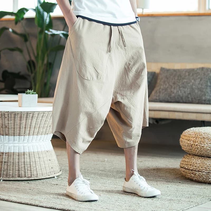 Herren Harajuku Haremshose Sommer Baumwolle Leinen Jogginghose Vintage Chinesischer Stil Einfarbige Wadenlange Hose