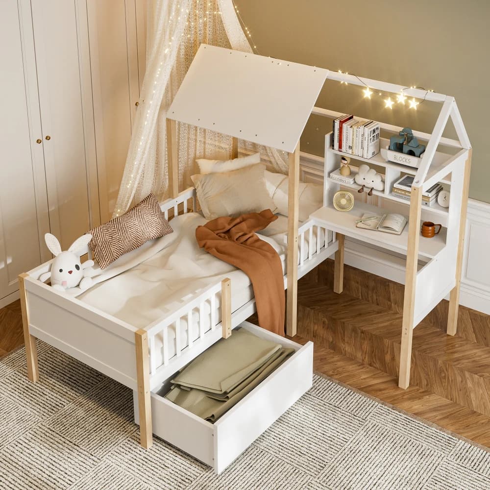 90 x 200 cm großes Kinderbett mit Sicherheitsgeländer, Lattenrost – L-förmiger Schreibtisch, Bücherregal, rollende Schubladen, Massivholz,