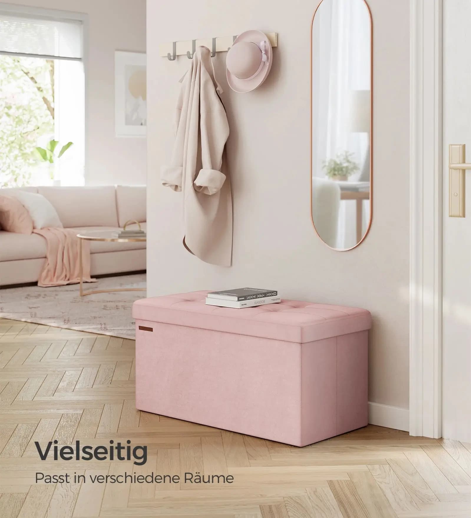 SONGMICS Sitzbank mit Stauraum aus Samt, 38 x 76 x 38 cm, klappbare Sitztruhe, 2 extra Aufbewahrungsboxen, bis 300 kg belastbar