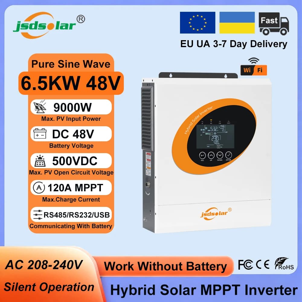 Jsdsolar 6,5KW Hybrid-Solarwechselrichter 48V 230VAC Reiner Sinus-Wechselrichter 120A MPPT-Solarladegerät mit WLAN RS232/RS485/USB Doppelter