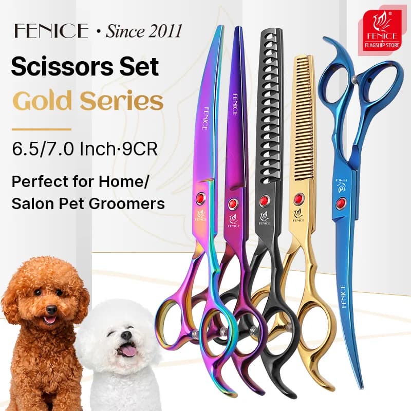 Fenice Neues Design, buntes 7,0-Zoll-Pflegescheren-Set für Haustiere, gerade Effilierschere, gebogene Schere