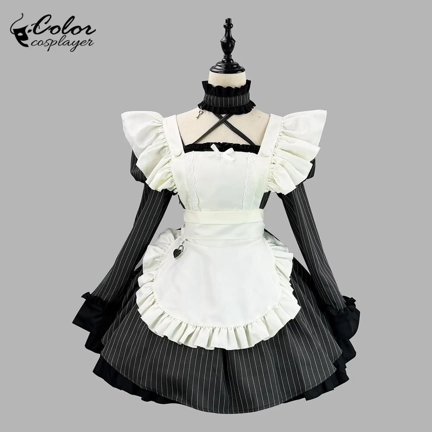 Neue Süße Gestreifte Maid Lolita Kleid Anzug Spitze Puff Sleeve Kleid Anime Gaming Cosplay Kostüm Diener Uniform Schwarz Gothic Kleid