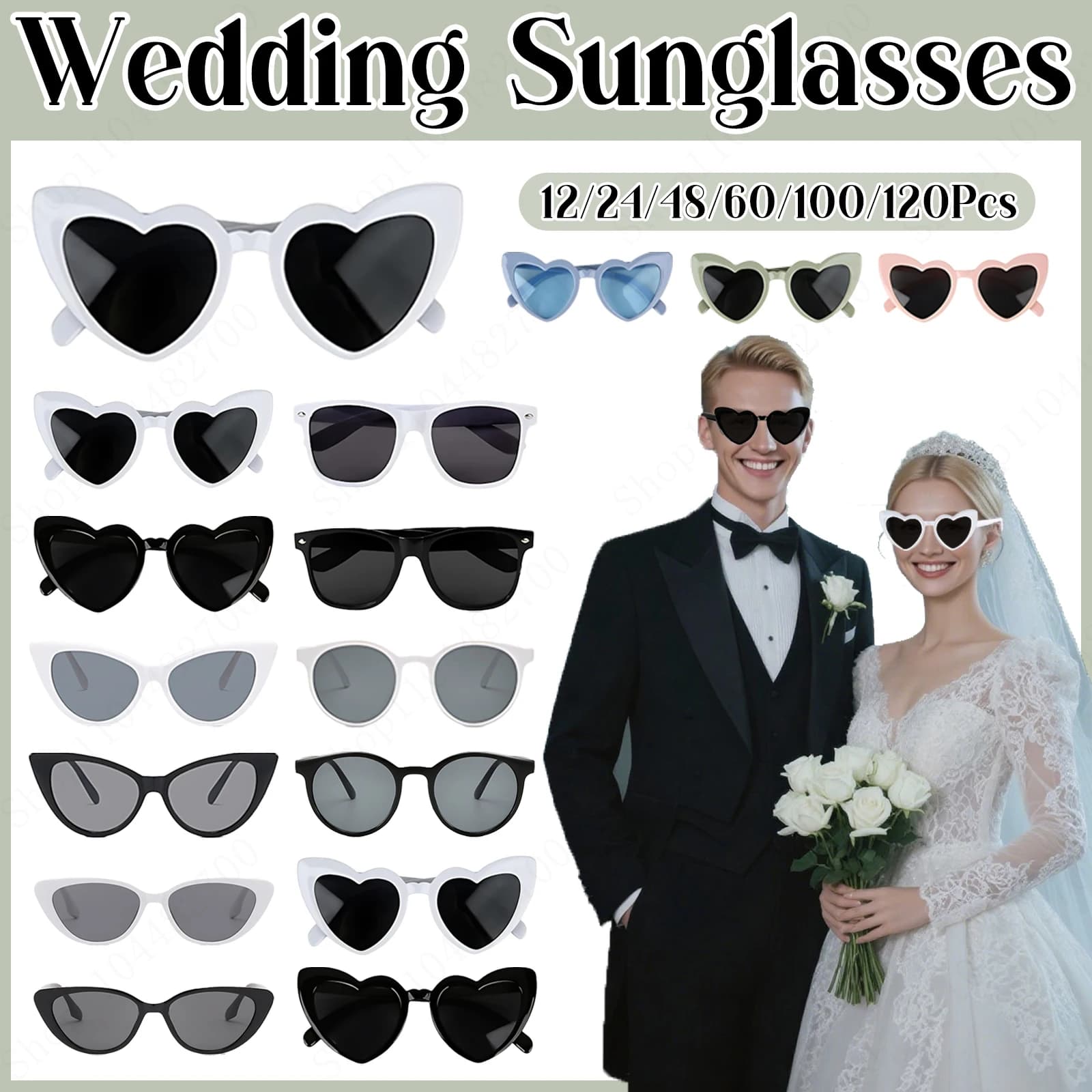 12–120 Stück herzförmige Hochzeits-Sonnenbrille, große Junggesellenabschied-Sonnenbrille, Mitbringsel für Gäste, Braut, Brautjungfern,
