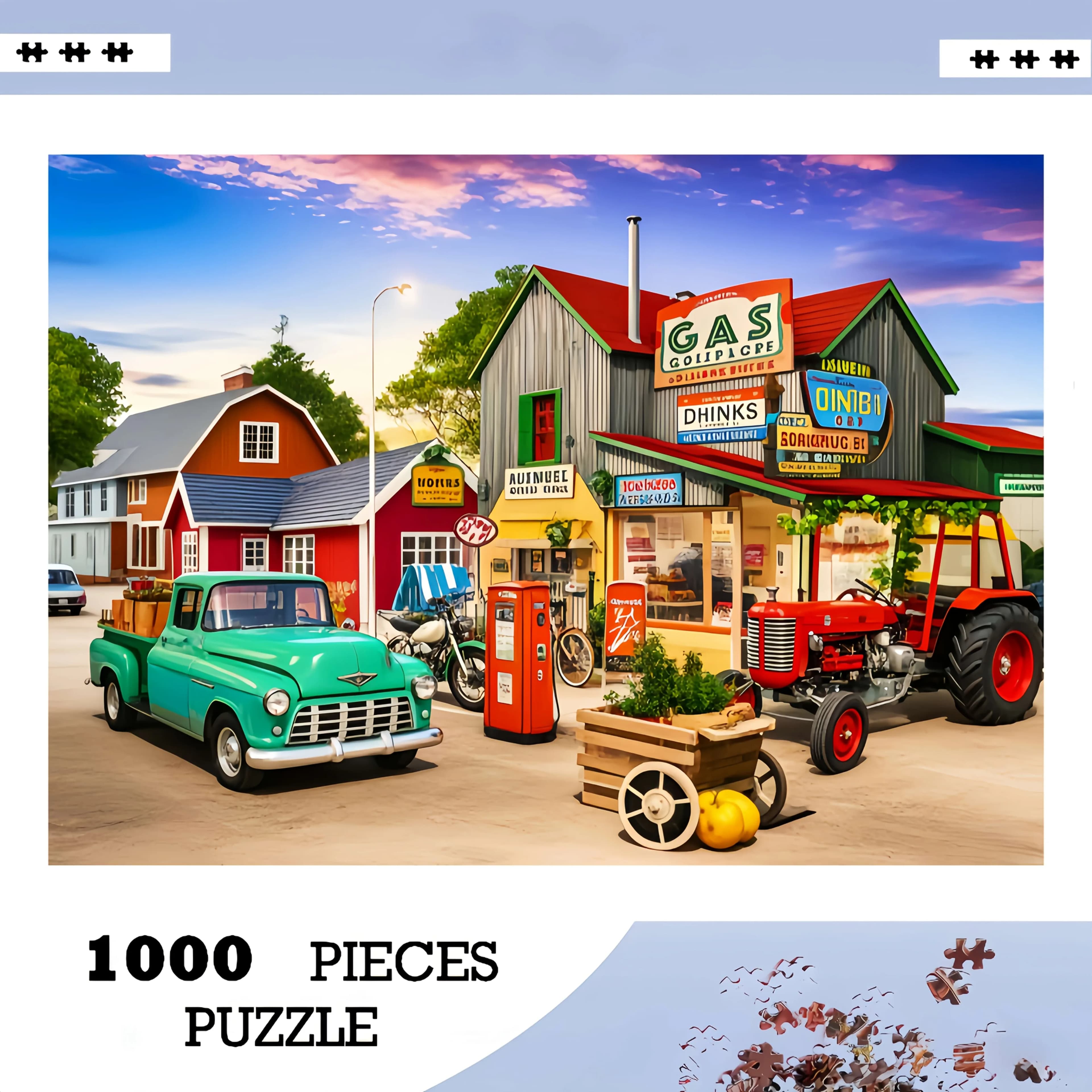 1000-teiliges Vintage-Tankstelle-Puzzle – herausfordernder DIY-Gehirnteaser mit alten Autos, Traktoren und amerikanischer Bewegung am Straßenrand