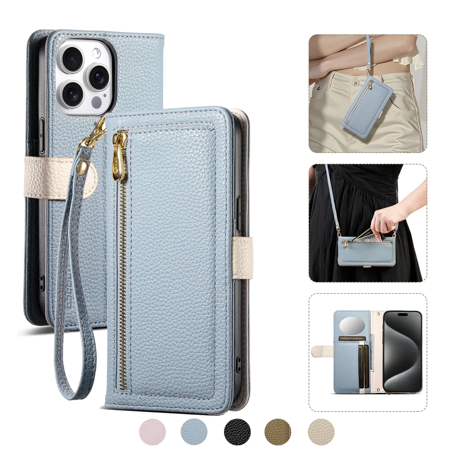 Leder-Brieftaschenhülle, Umhängetasche mit mehreren Kartenfächern für iPhone 17 16e 15 Plus 14 13 12 11 Xs Max Pro Hülle