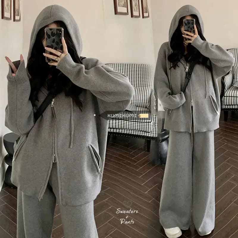 Herbst Frauen Trainingsanzug Lose Grau Doppel-zip Kapuze Jacke mit Hohe Taille Schweiß Hosen Zwei Stück Set Jogging Fitness sport Anzug