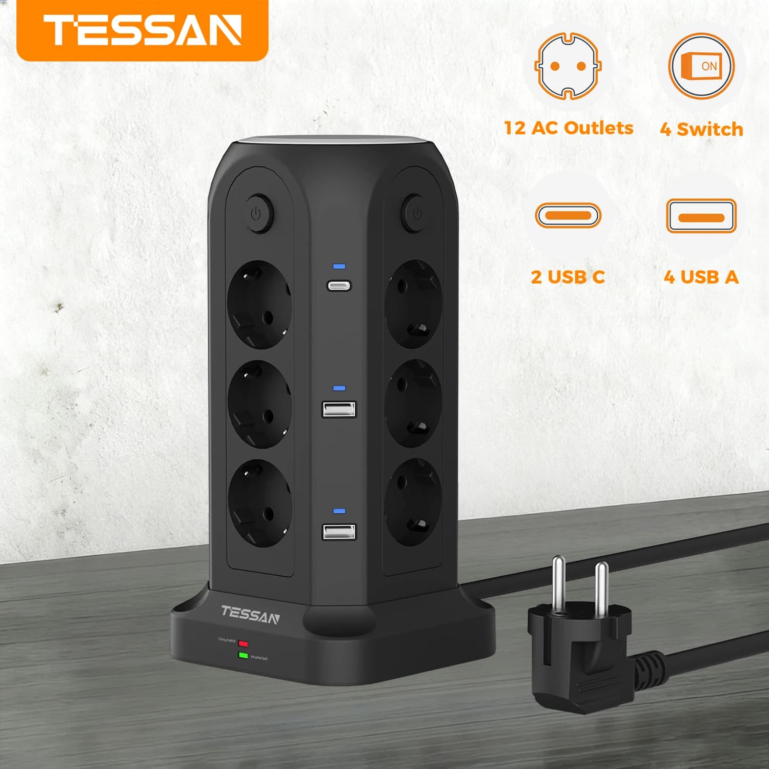 TESSAN Multi-Tower-Steckdosenleiste mit 12 Steckdosen, 4 USB-A & 2 Typ-C, 4 Schalter, EU-Stecker, 2m/5m Verlängerungskabel, Überspannungsschutz