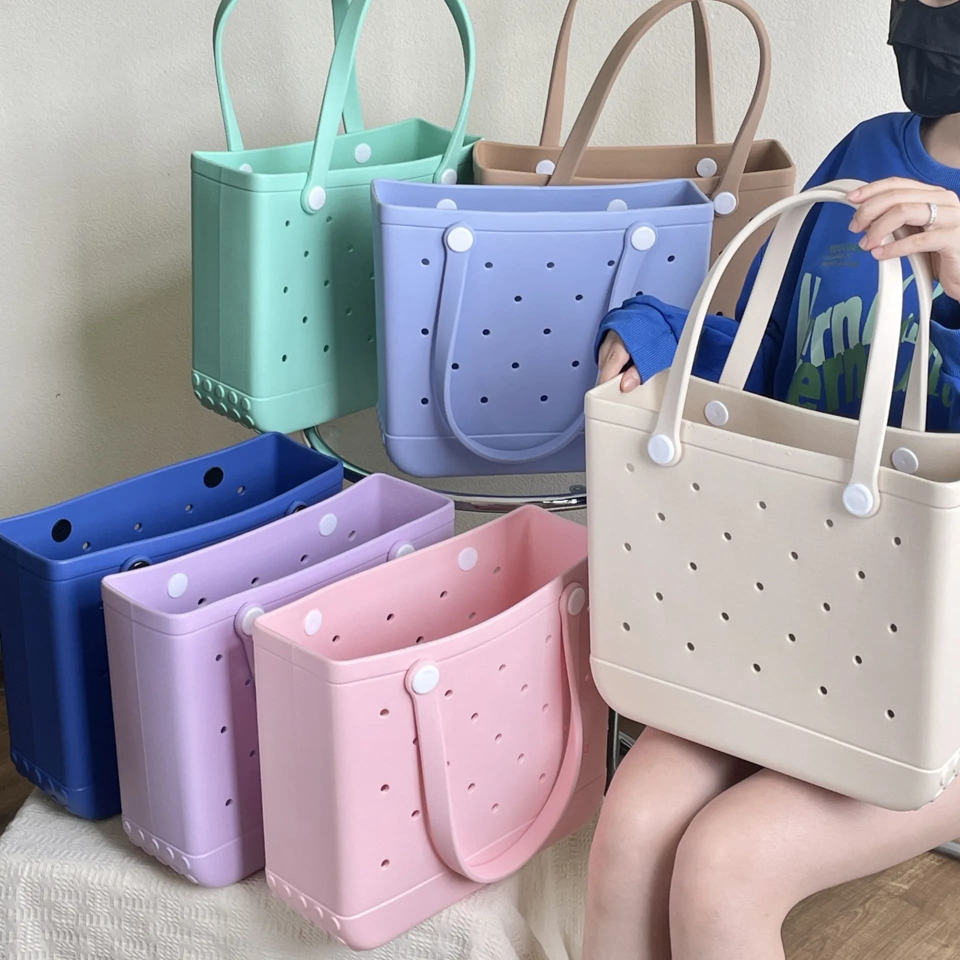 M/L/XL Strand Taschen EVA Gummi Wasserdichte Lagerung Korb Mode Reise Einkaufen Handtasche Frauen Schulter Einfarbig Lagerung tasche