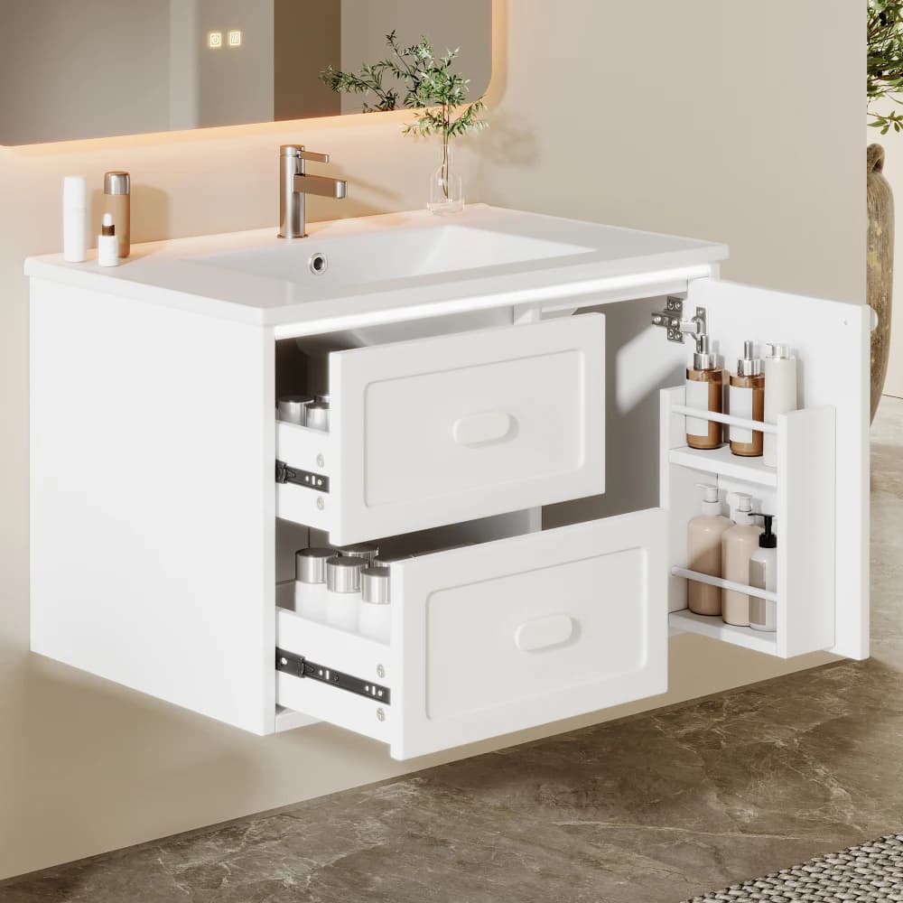 76x46x51cm Badezimmer-Hängeschrank, komplett lackiert, LED-Radarsensor-Beleuchtung, zwei Schubladen, leise Gleitschienen, integriertes Waschbecken,