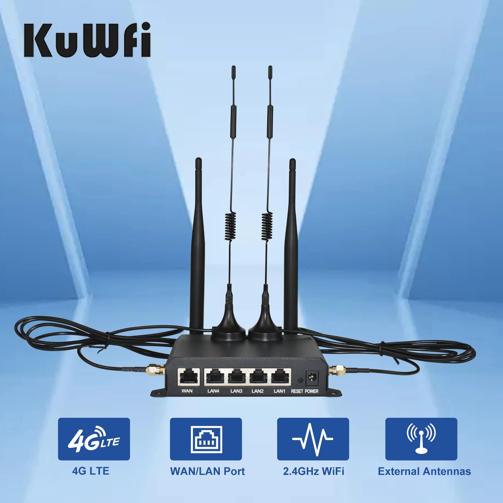 KuWIF Industrial 4G LTE Router WR181 – 300 Mbit/s WLAN, globale Bänder, Metallgehäuse, -20–50 ° C, 1WAN+4LAN für M2M/Videoüberwachung