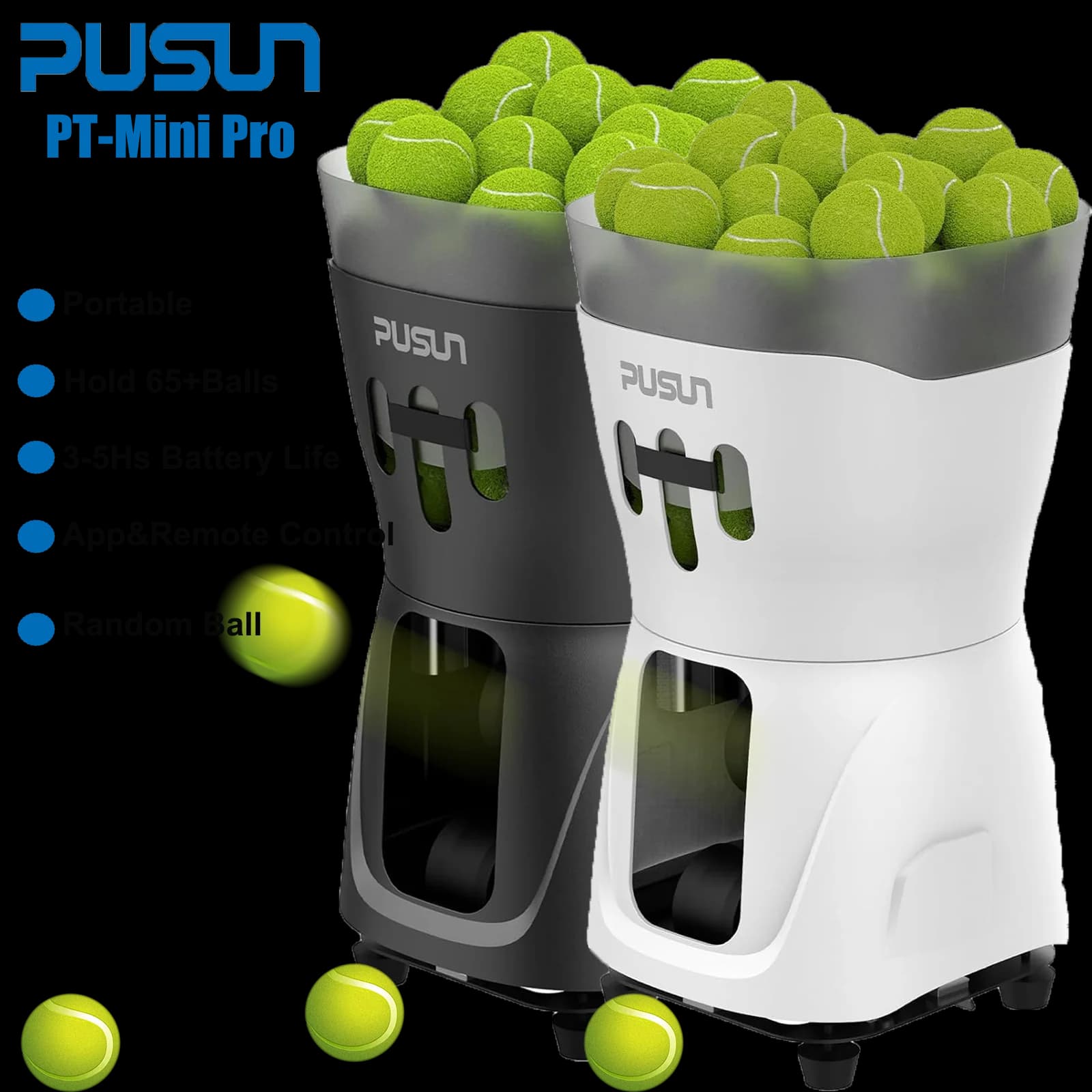 PUSUN PT-Mini pro Tennisballmaschine mit Smart-App-Steuerung, Fernbedienung, Kapazität für 65+ Bälle, 3-5 Stunden Akkulaufzeit, max. 37,2 Meilen