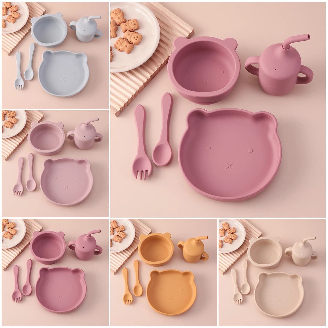 Farbe Kinder 5PCS Silikon Fütterung Set Bär Shape Dihes Platten Nicht-Slip Schüssel Training Gabel Löffel Schnabeltasse hohe Qualität Baby Zeug