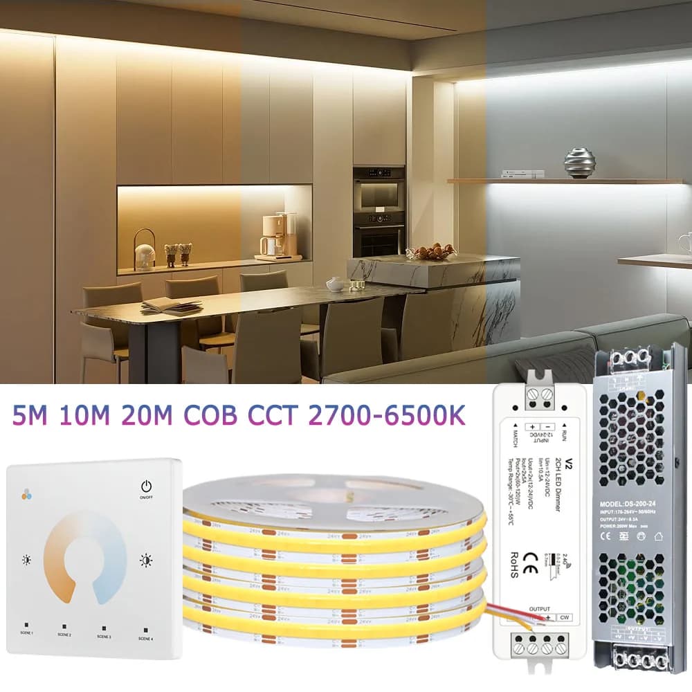 5M 10M 20M COB CCT LED-Streifen 24V Flexibel Hochdichte Dimmbare Raumbeleuchtung 2,4G RF Touch-Fernbedienung Dual-Weiß 2700K-6500K