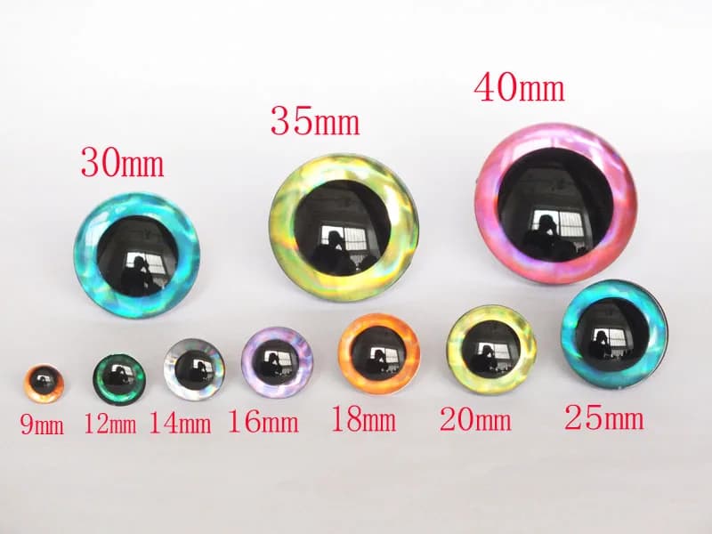 20 Stück 12 Arten Farben 9 mm 12 mm 14 mm 16 mm 18 mm 20 mm 25 mm 30 mm 35 mm Trapez-Spielzeugaugen 3D-bunte Sicherheitspuppenaugen für DIY-Handwerk