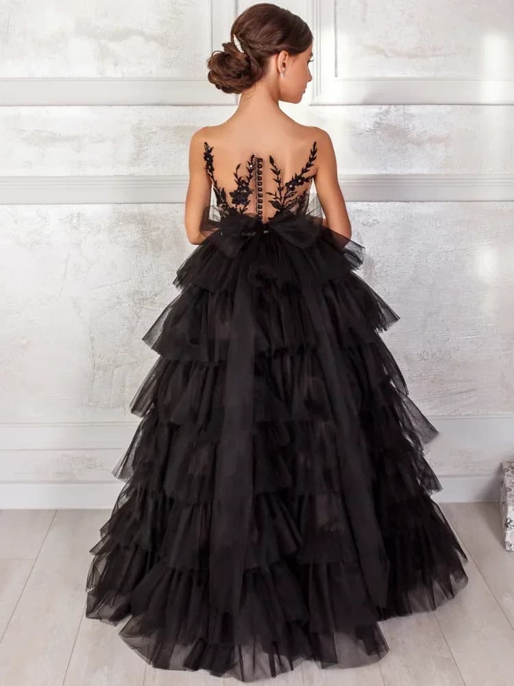 Spitzenapplikationen, mehrlagig, ärmellos, für Mädchen, Kindergeburtstag, Ballkleid, Erstkommunion, schwarze Blumenmädchenkleider für die