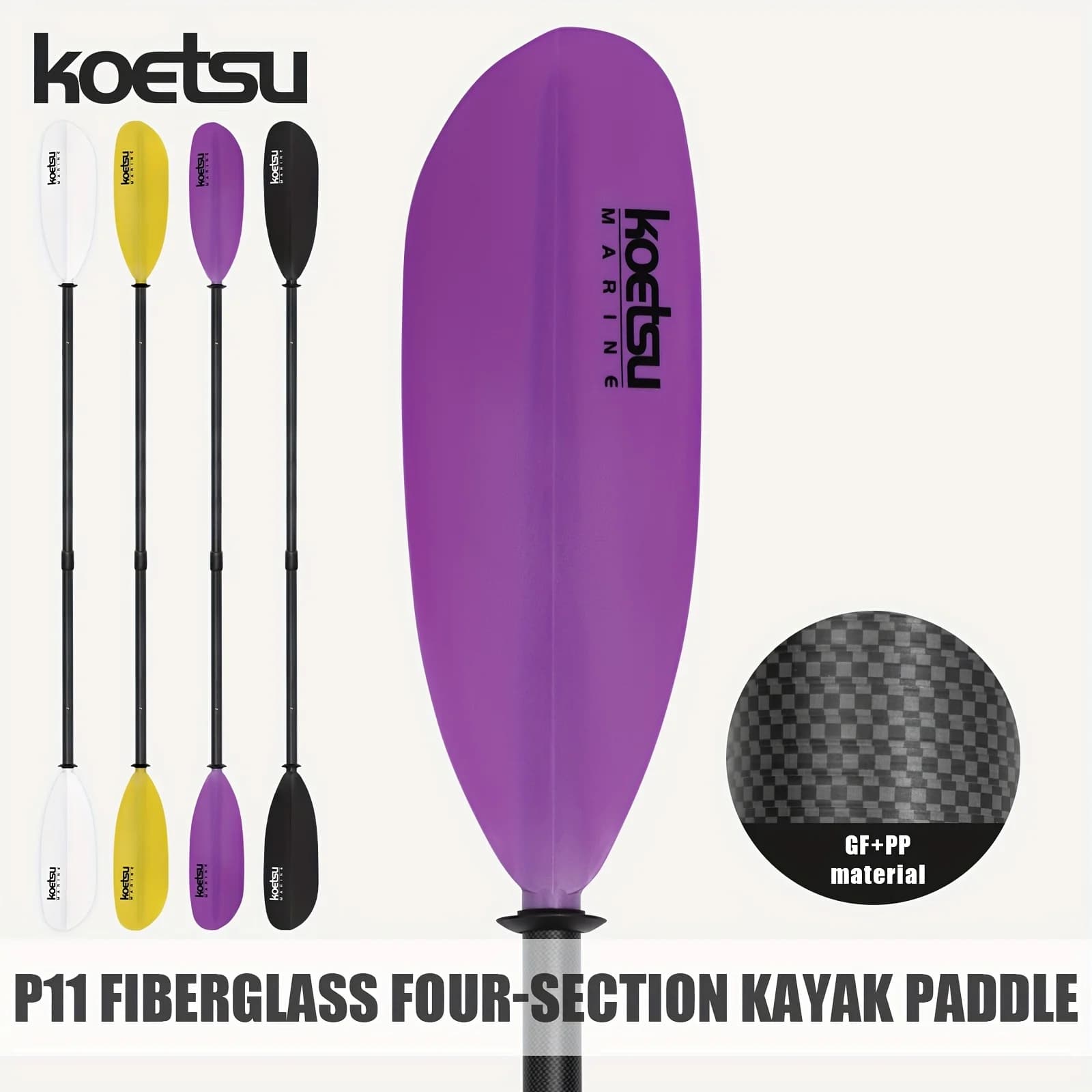 KOETSU P11 4-teiliges Kajak-Paddel mit abnehmbarem Fiberglas-Schaft und PP-Blättern für Boot, SUP und Kajak