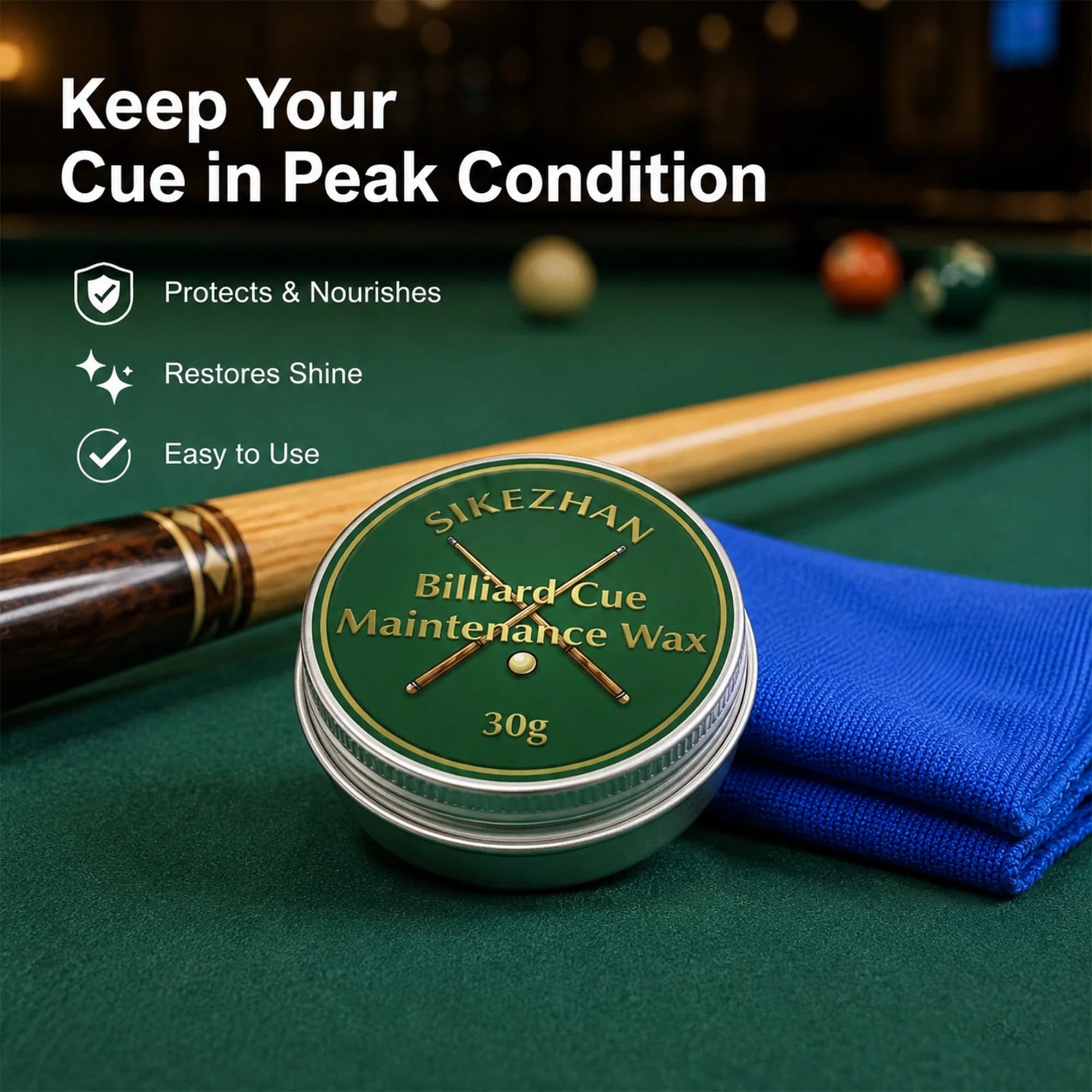 Billard-Queue-Schaft-Pflegewachs und Mikrofaser-Reinigungstuch-Set 30g Holzpolitur für Sanfte Schläge Pool- und Snooker-Zubehör