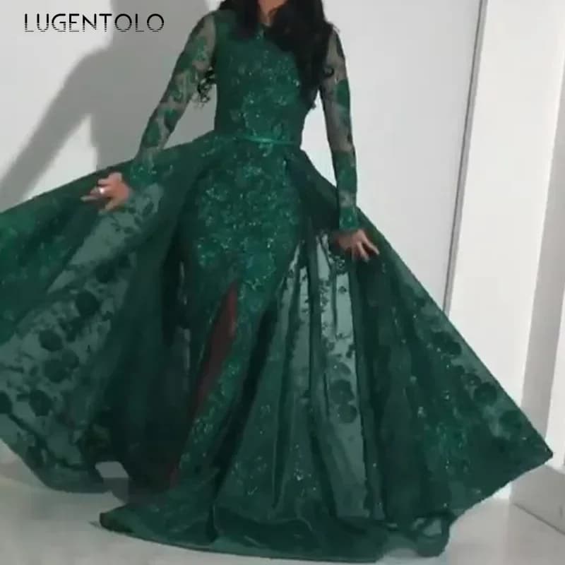 Party Prinzessin Kleid sexy schlanke Frauen Mesh Pailletten bestickt grün solide große Schaukel Abendessen Maxi Kleidung Lugentolo