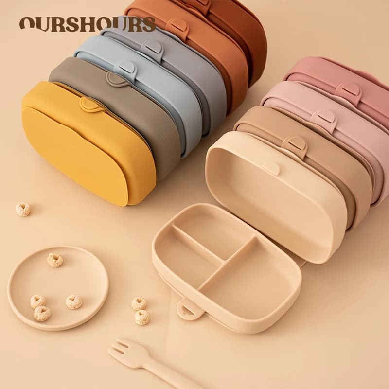Zusammenklappbarer Baby-Lebensmittelbehälter aus Silikon, auslaufsicher, tragbare Lunchbox für Kleinkinder mit Deckel, Bento-Box, kindersicheres