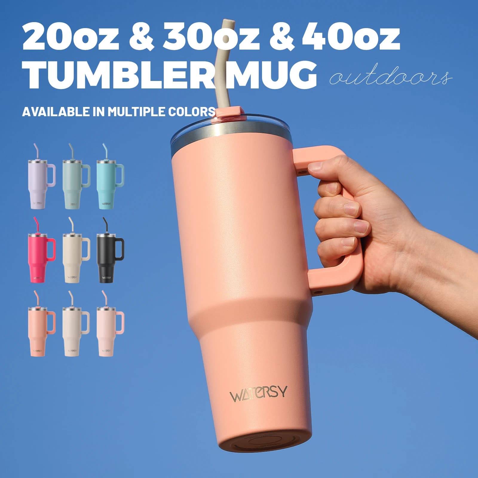 WATERSY 20/30/40oz Becher mit Griff und Strohhalm, großvolumiger Thermobecher aus Edelstahl, vakuumisolierter Becher für Auto, Reisen