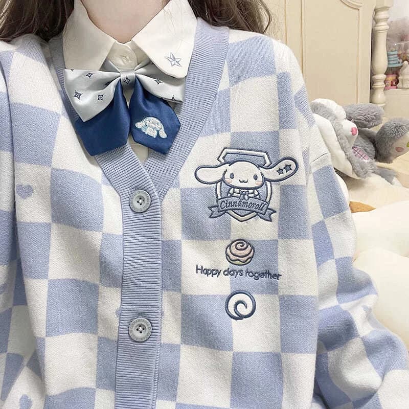 Kawaii Sanrio Y2k Gestrickte Frauen Strickjacke Pullover Nette Cartoon Cinnamoroll Kuromi My Melody Stickerei Japanischen Jk Uniform Mantel
