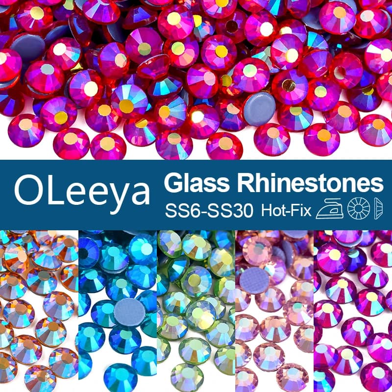 OLeeya AAAA Hotfix Glasrhinesteine SS6-SS30 Kristall AB Mehrfarbig Schillernde Aufbügelbare Strass-Steine für Hochzeitskleider DIY-Dekoration