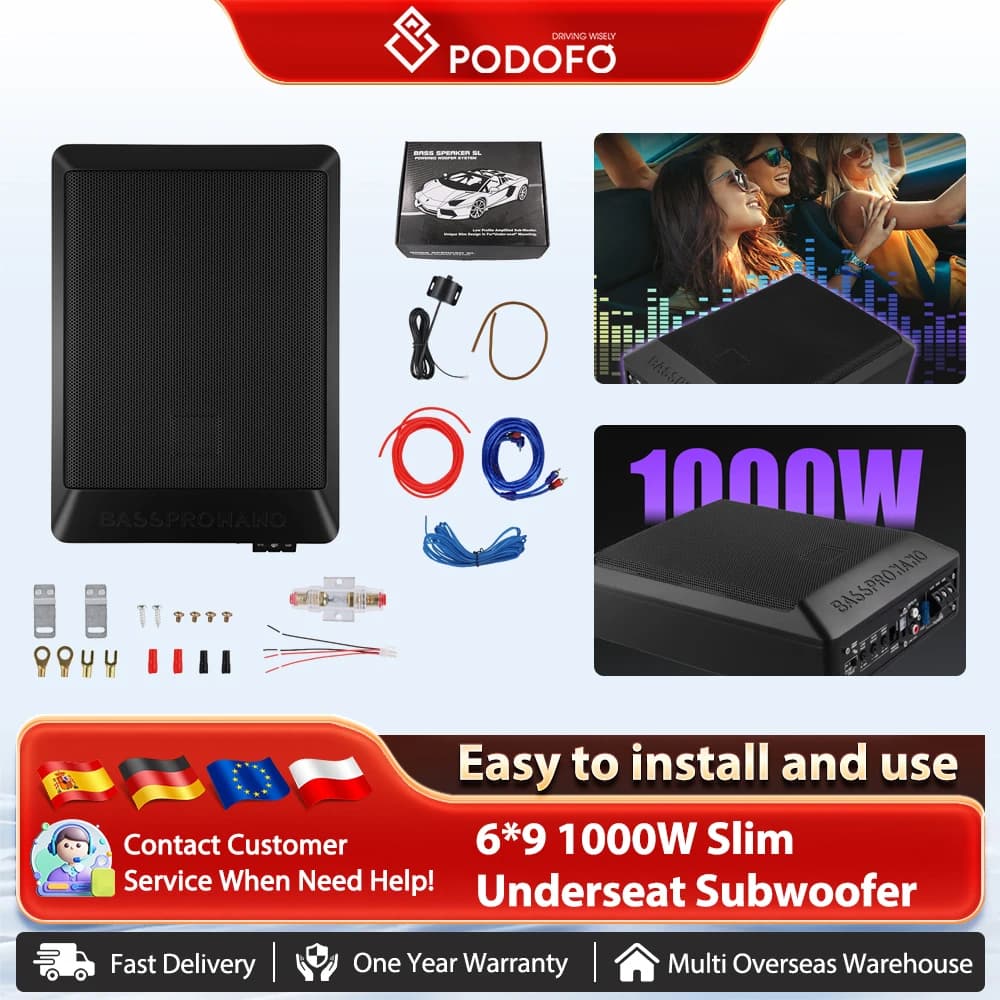 Podofo 1000 W schlankes Untersitz-Subwoofer-Soundsystem, verstärkter Subwoofer, lautes Auto-Audio mit Verstärker für 12 V Auto-LKW