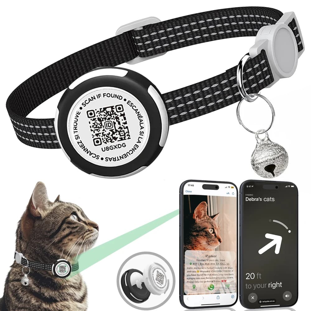 Katzenhalsband mit GPS-Tracker-Halter, mit Airtag-Hülle und Haustiermarken QR-Code-ID, doppelter Schutz, reflektierendes Kätzchenhalsband für die