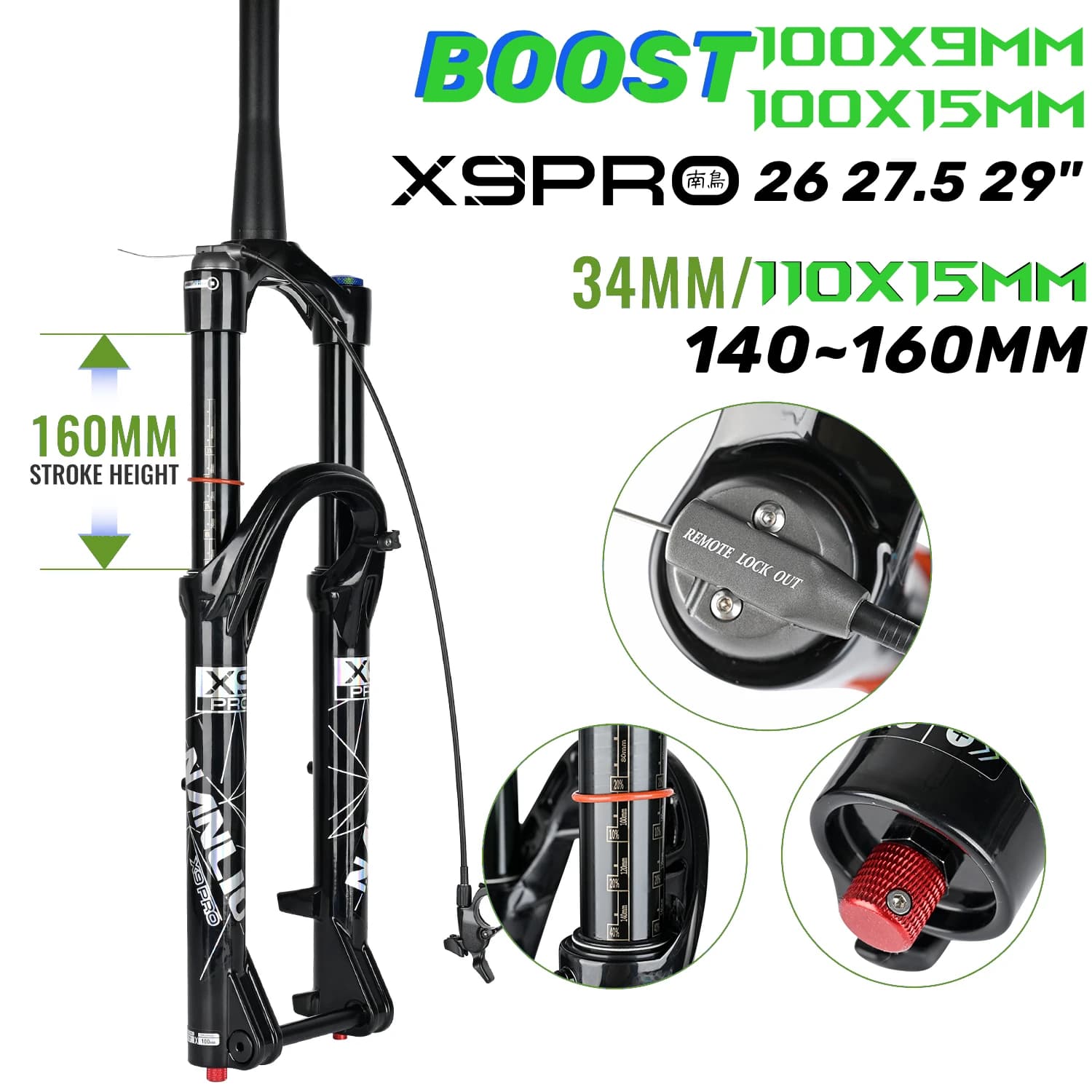Nanlio X9 PRO MTB-Federgabel, 34-mm-Stütze, 140/160 mm Verfahrweg, 27,5/29 Zoll, Luftgabel mit Rückpralldämpfung und Sperrung