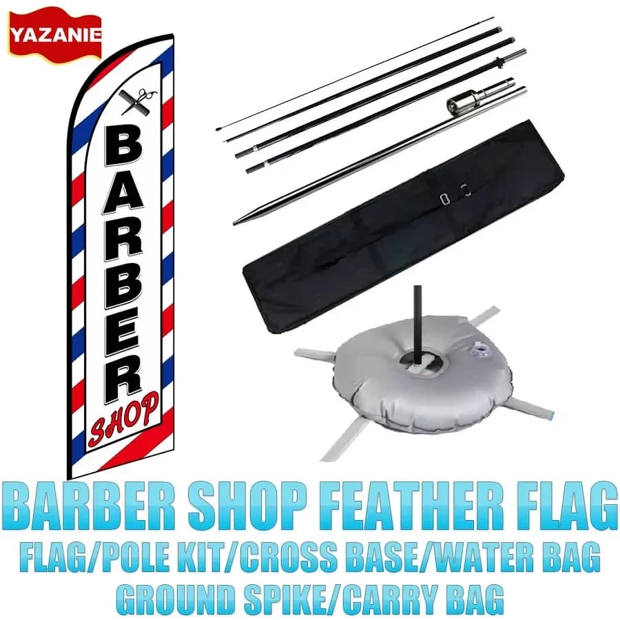 Friseur-Flagge Barbershop Feder-Flagge mit Stangen-Set Bodenspieß Kreuzfuß Wasserbeutel für Geschäftswerbung Swooper Strandflagge
