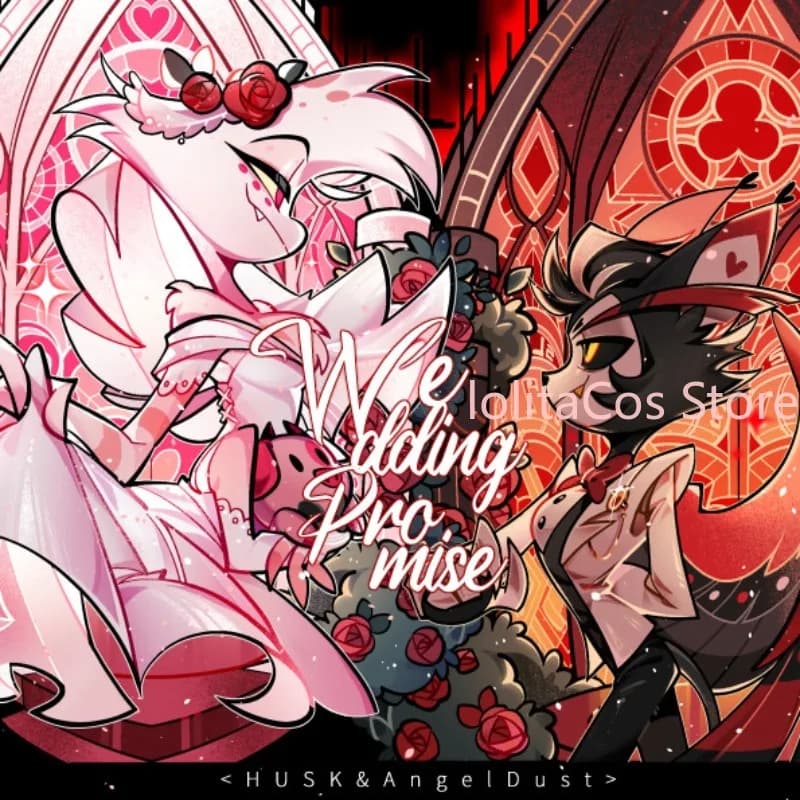 Hazbin Hotel Angel Dust Husk Hochzeitsserie Anime Postkarte Ovales Metall-Abzeichen Acryl-Aufsteller Ornament Stehende Figur Geschenk