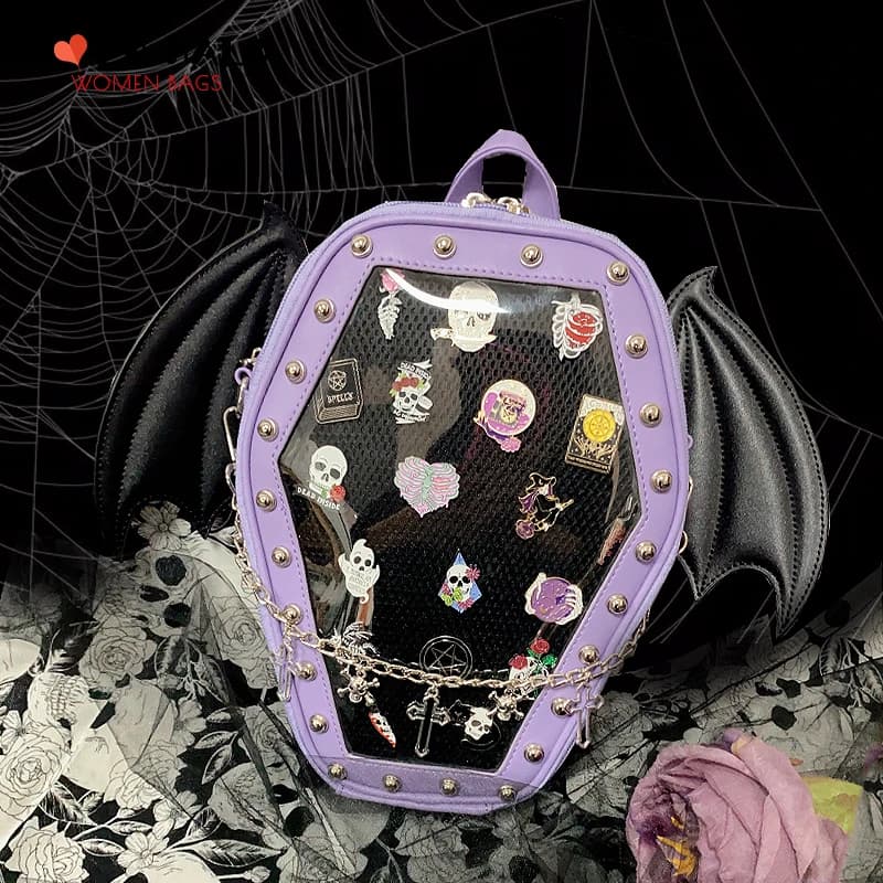 Fledermausflügel Sarg Ita Tasche für Goth Pin Collector Damen Umhängetasche Kleine klare Schultasche Punk Ita Geldbörse Emaille Pin Display Tasche