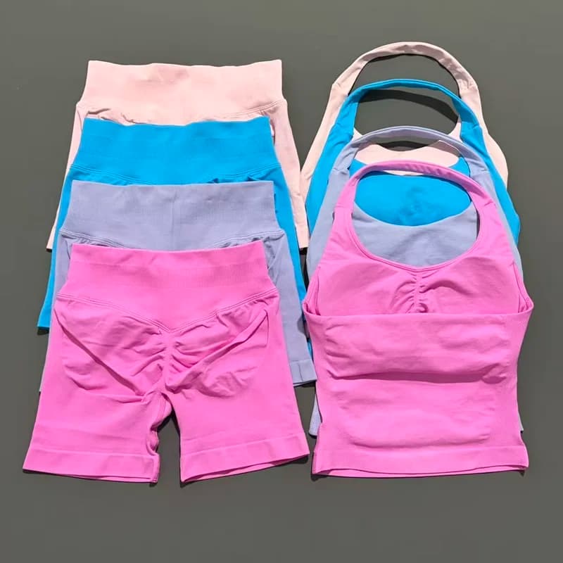 2-teiliges Sport-Gym-Set für Damen, langes Trägertop mit Polsterung, nahtlose Sportshorts, Fitness-Lauf-Workout-Anzug