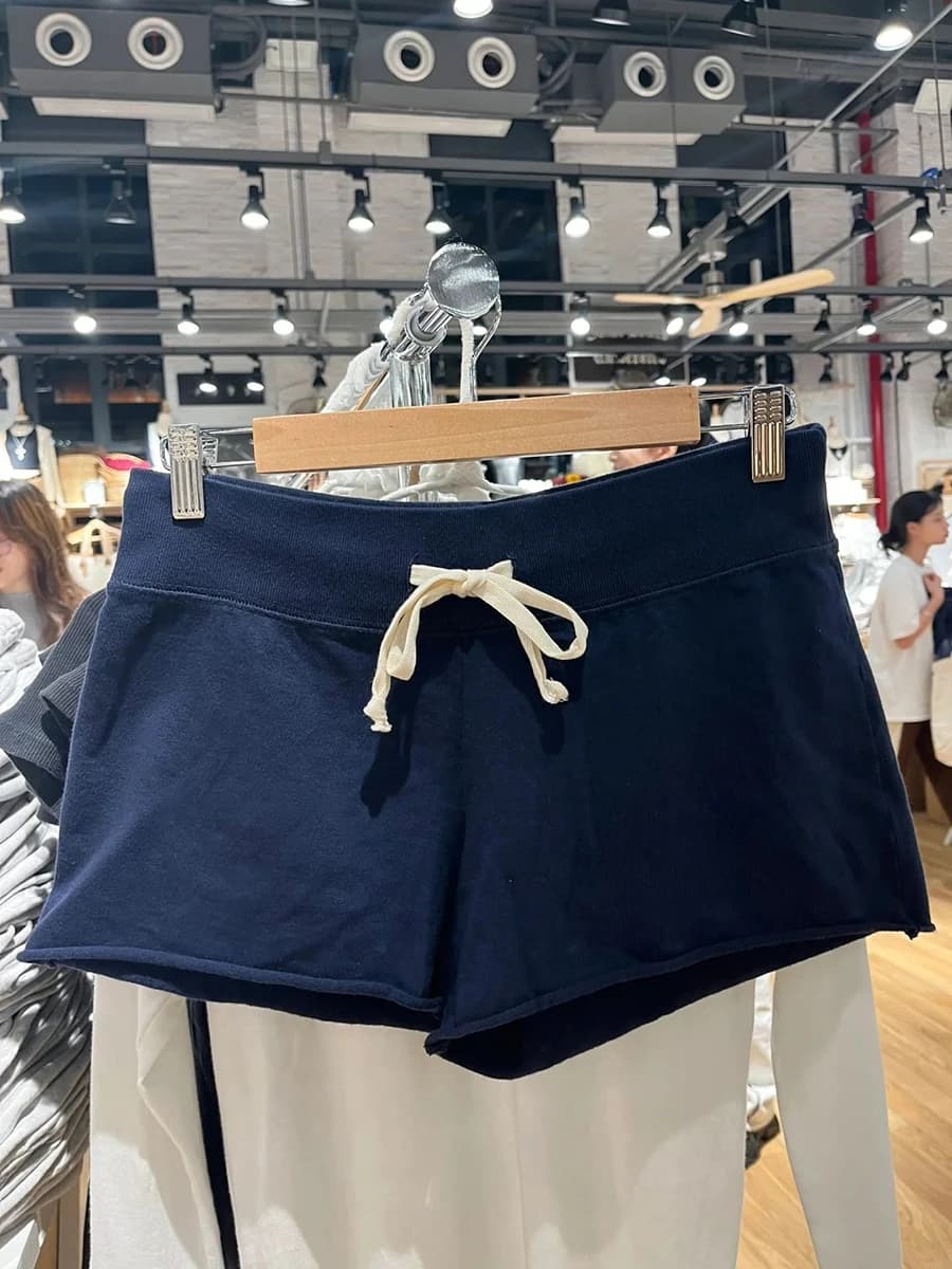 Kordelzug Navy Sport Sweatshort Frauen Sommer Hohe Taille Baumwolle Raw Trim Gerade Shorts Vintage Harajuku Streetwear Kurze Hose