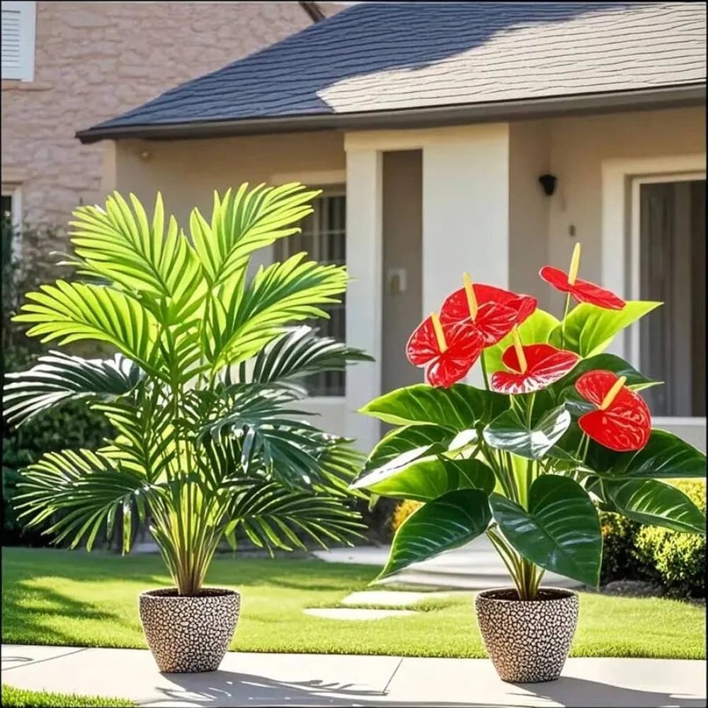 2 Sets große künstliche Palmenpflanzen und Anthuriumgrüne Zyklusblätter aus Kunststoff für Zuhause, Balkon, Büro, Outdoor-Dekoration
