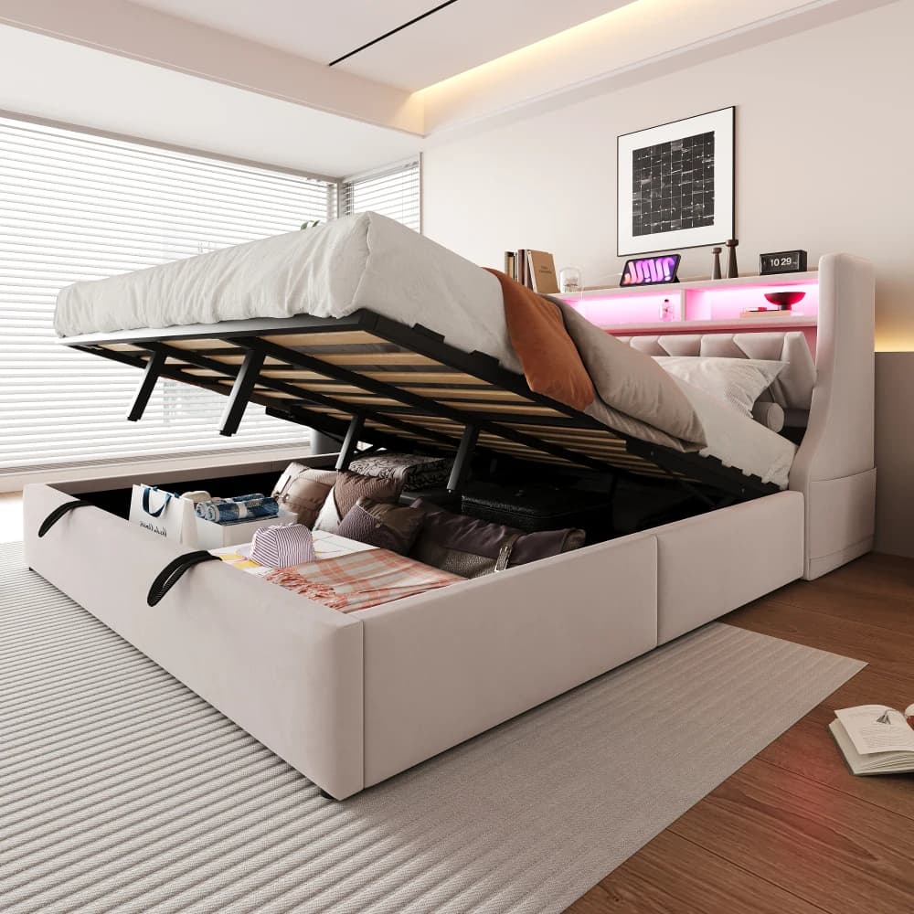 180x200cm Modernes Polsterbett, Klappbares Gepolstertes Kopfteil mit Stauraum, Steckdose und Aufbewahrungsfach, LED-Beleuchtung