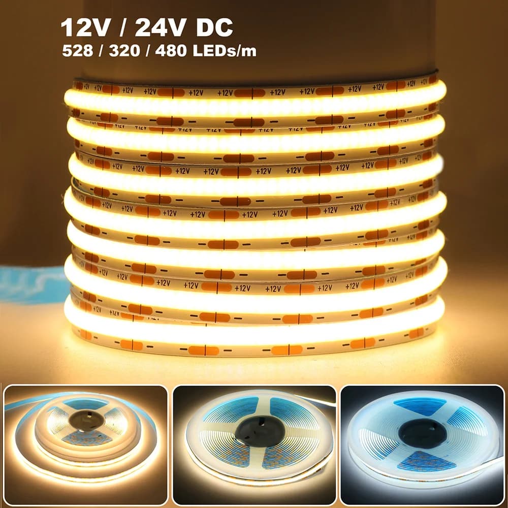 DC 12 V 24 V COB-LED-Streifenlicht, 320 480 528 LEDs, flexibles Band, hohe Dichte, lineare Beleuchtung, warmweiß, 8 mm Leiterplatte, 0,5 m, 1 m, 2 m,